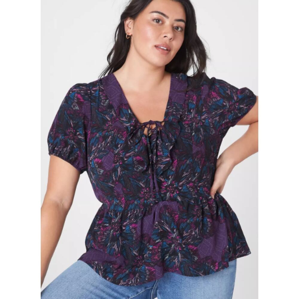 NEW! Lane Bryant Women's Short Puff-Sleeve Lace-Up Blouse 22 Fantasy Floral $59